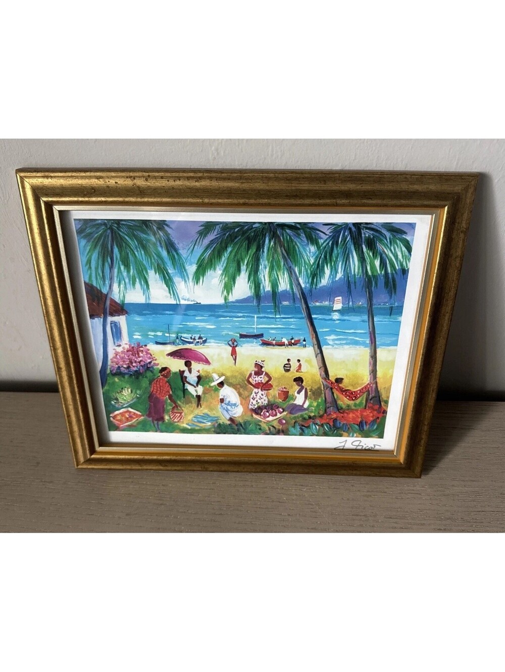 African Wall Art Signed Jean Claude Picot Gold Wood Frame 7”x 9” Tropical Scene